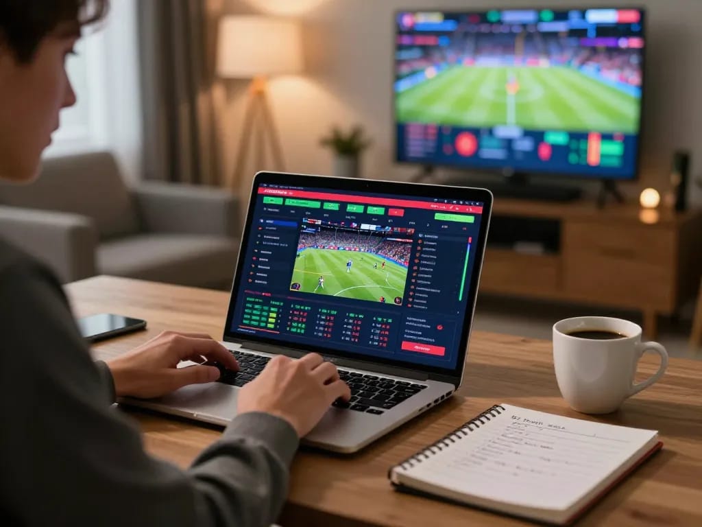 Person engaging in sports betting on xo88, with vibrant betting odds displayed on their laptop screen and strategic notes on the desk.