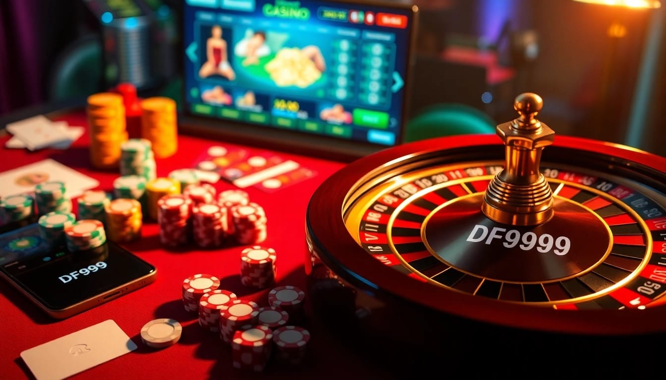 Experience the thrill of DF999 casino gaming with an exciting roulette wheel and poker setup.