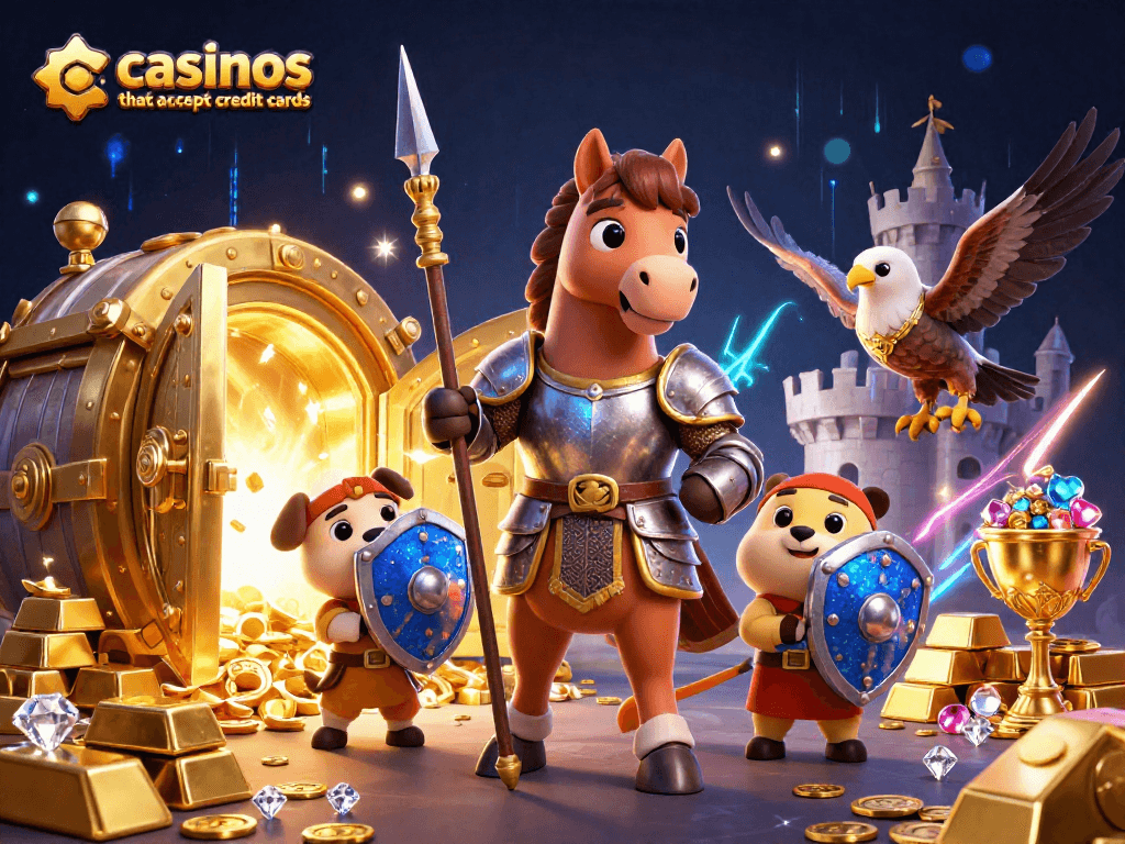 Gamblers enjoy dynamic gameplay at casinos that accept credit cards, surrounded by treasures.