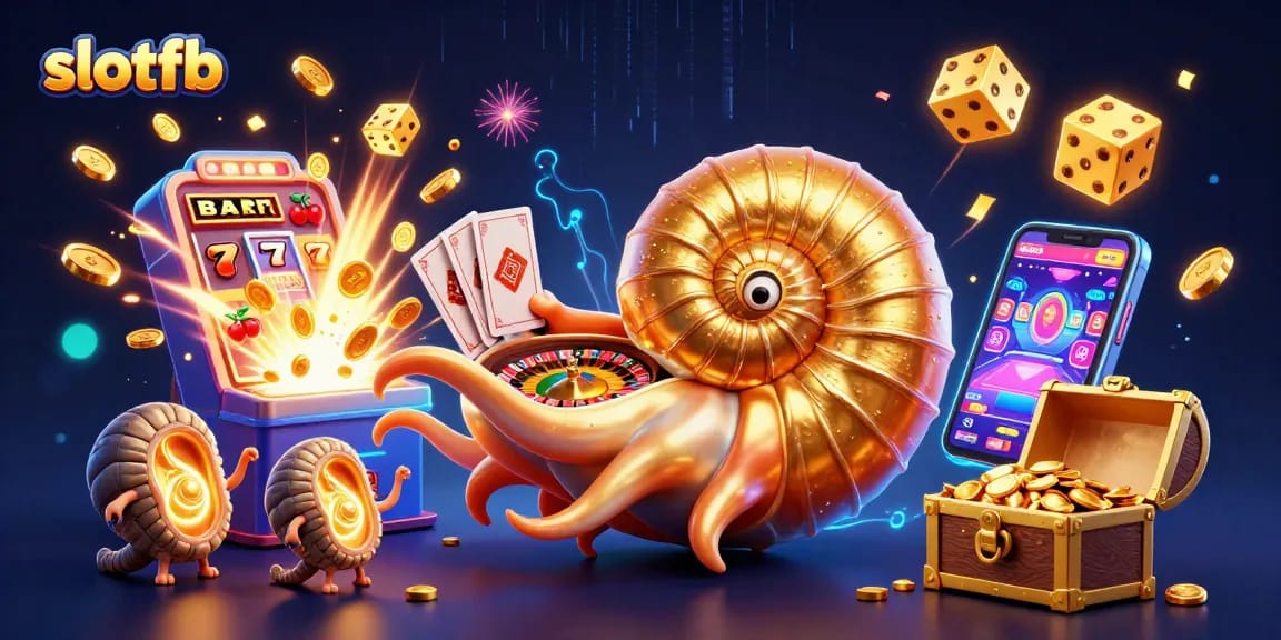 Feel the thrill at slotfb as ancient nautilus and glowing ammonites lead a jackpot explosion in a vibrant casino scene.