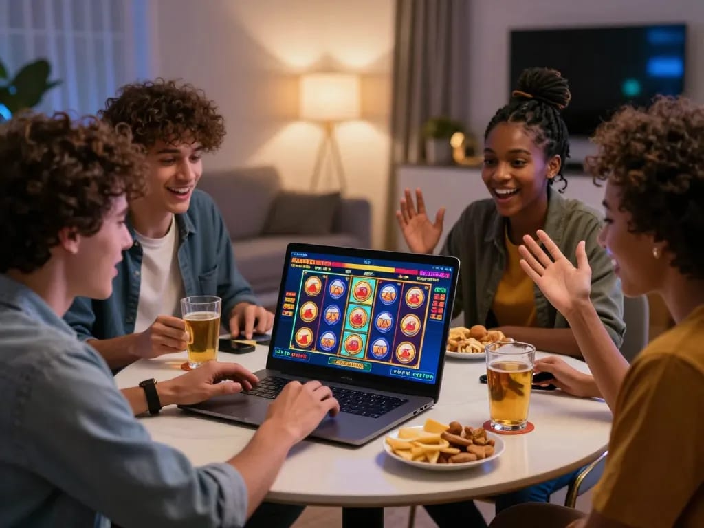 Friends enjoying online gambling on HM88 platform in modern living room.