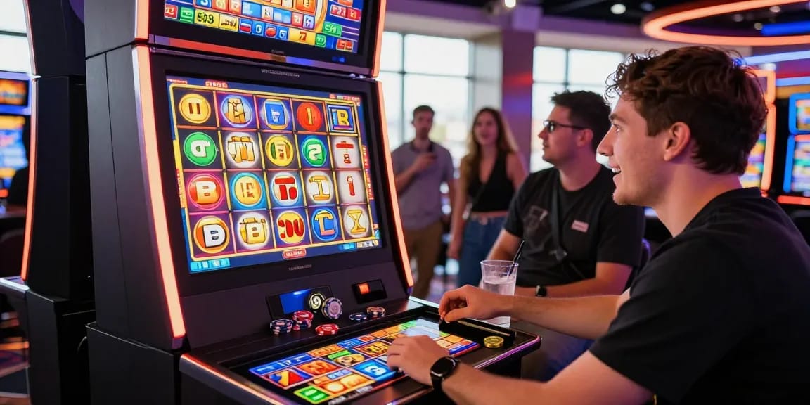 Engaged player enjoying bonus buy slots at an online casino with vibrant atmosphere.