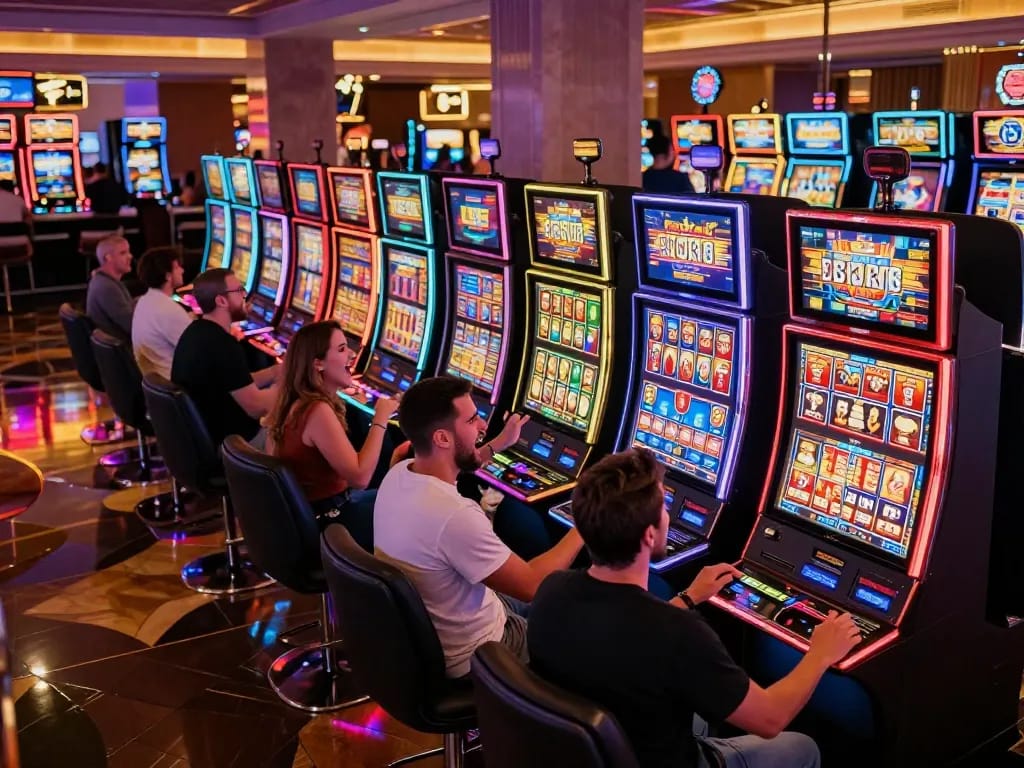 Players enjoying kdslot wins at vibrant Las Vegas casino slot machines with exciting energy