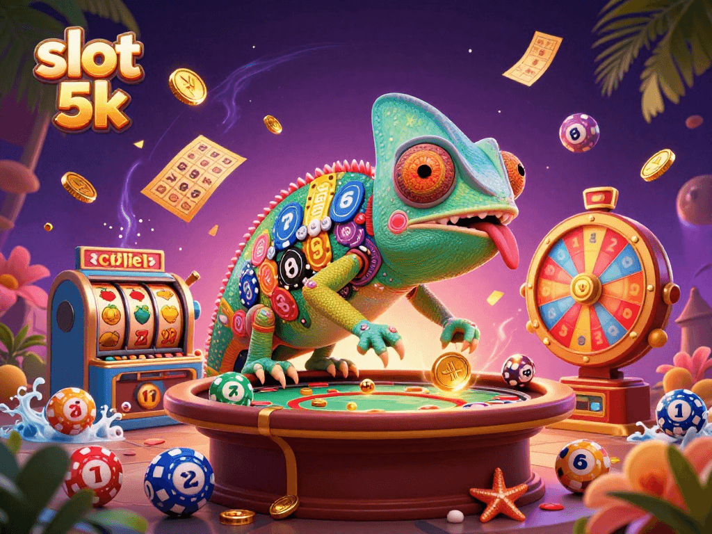 Engage with slot 5k in this vibrant 3D casino illustration with chameleon owner and dynamic game elements