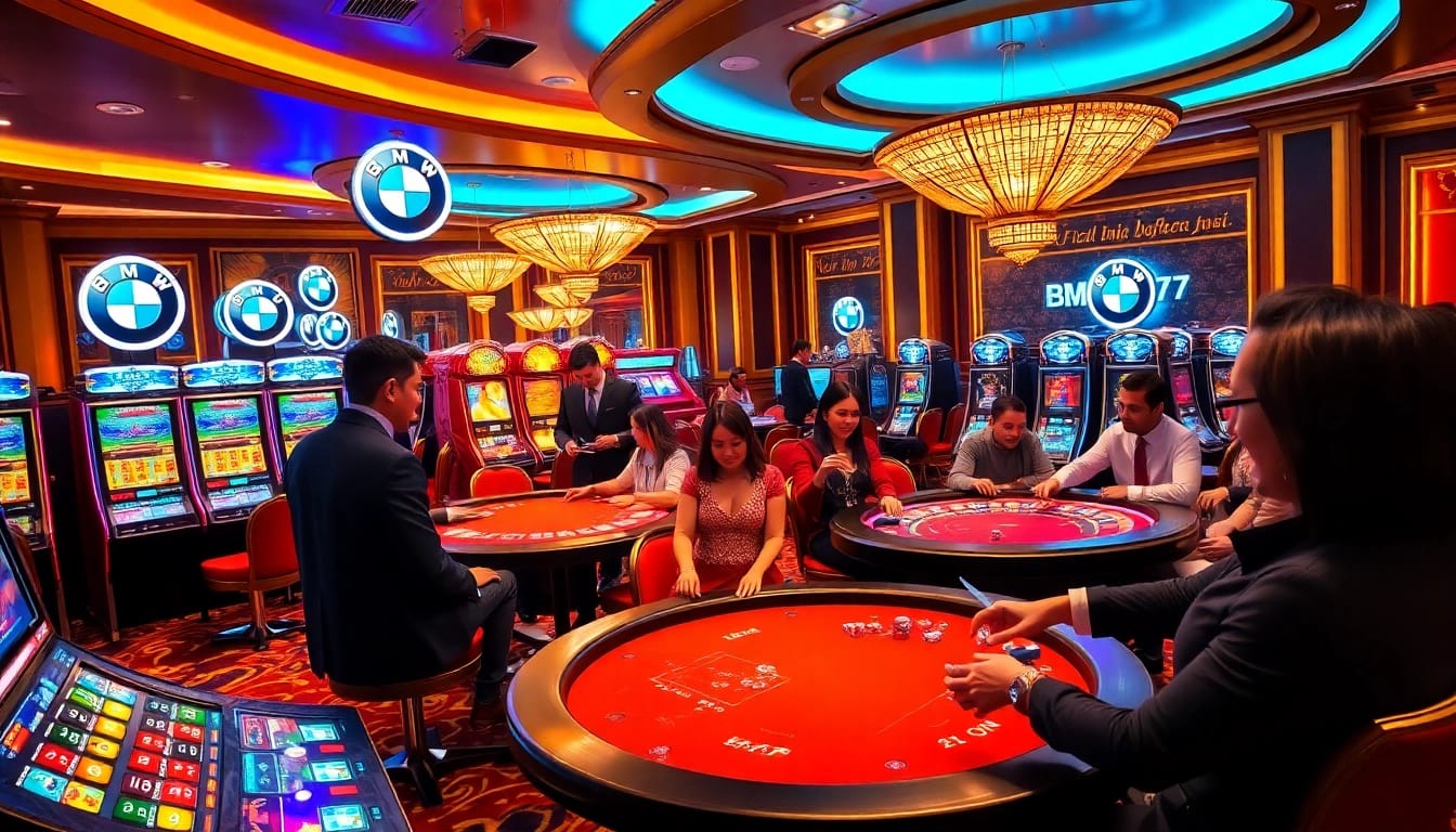Bmw777 slot machines creating excitement on a vibrant casino floor with players celebrating wins.