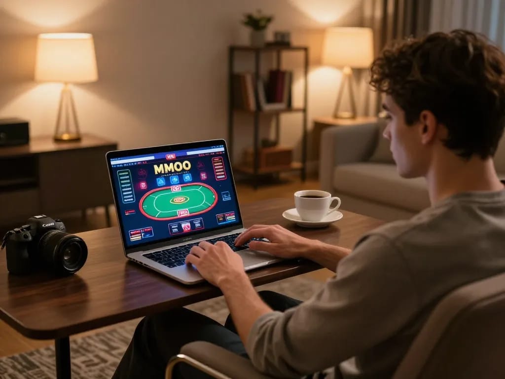 Player enjoys a thrilling poker game on MMOO from a cozy home setup, showcasing strategic approach and engagement.