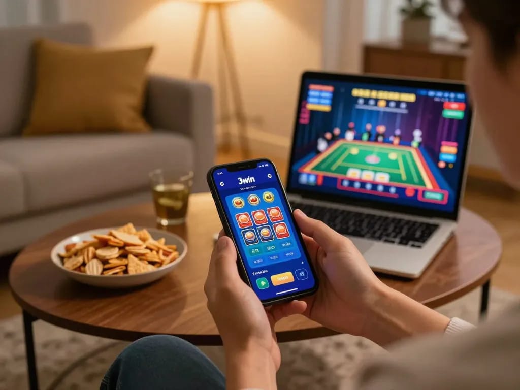A player enjoying a strategic session on the trang chủ 3win mobile app in a cozy living room.