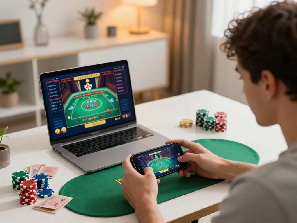 Player strategizing on bdtk66 app using smartphone, live dealer game visible, modern home gaming setup.