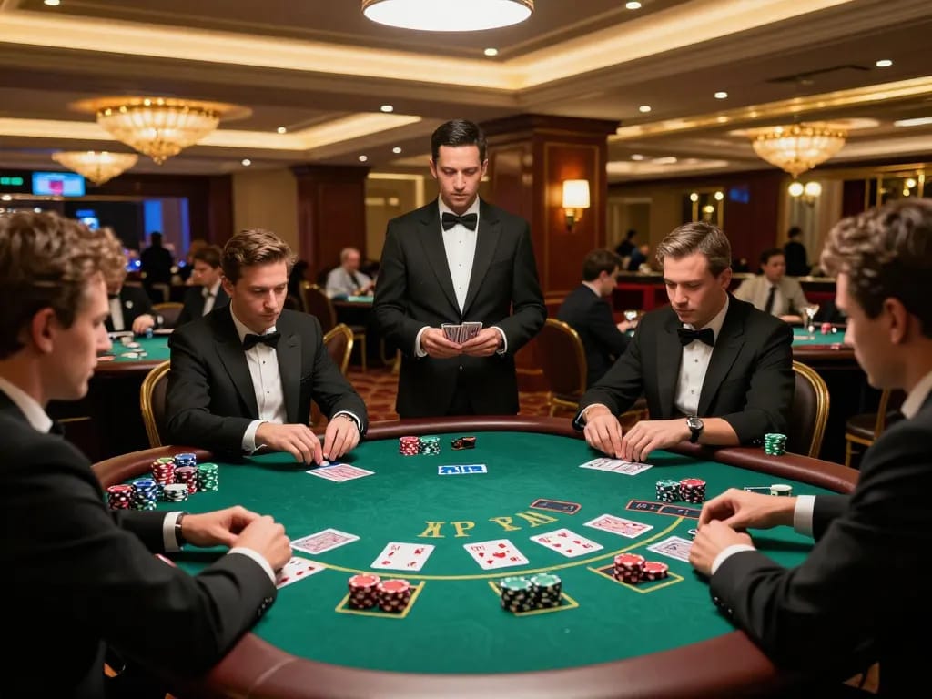 Players engaging in blackjack strategy at a focus game table, showcasing an immersive Fokus777 experience.