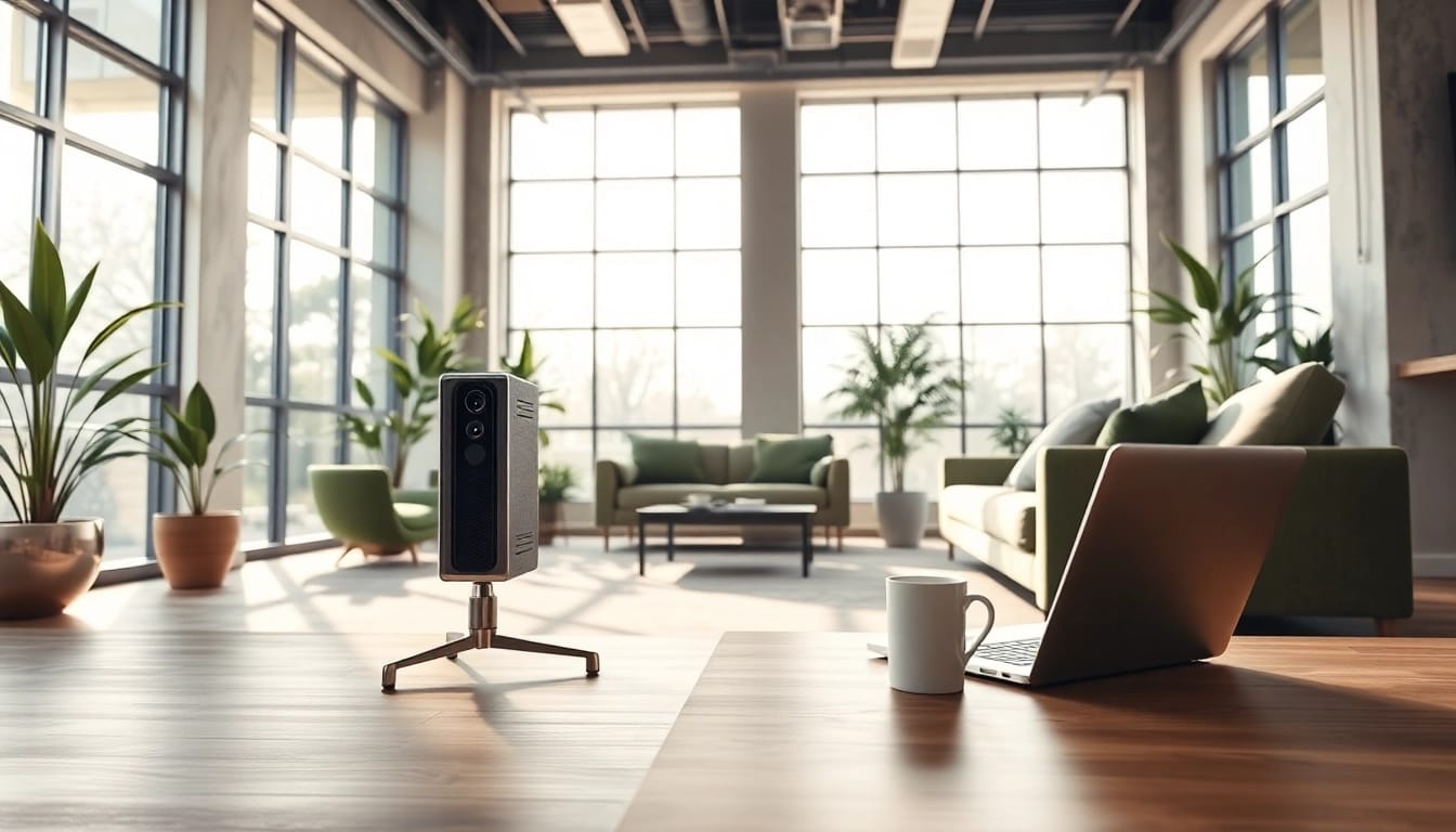 Showcase the AT99 device in a sleek office environment, highlighting modern design and productivity.
