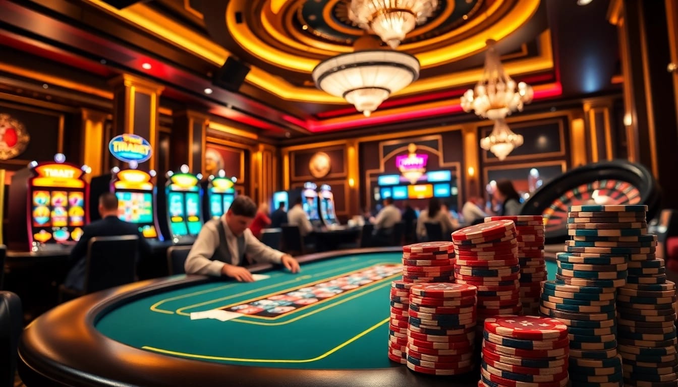 Players enjoying a poker game at Thabet casino with vibrant slot machines and roulette wheels in a luxurious setting.