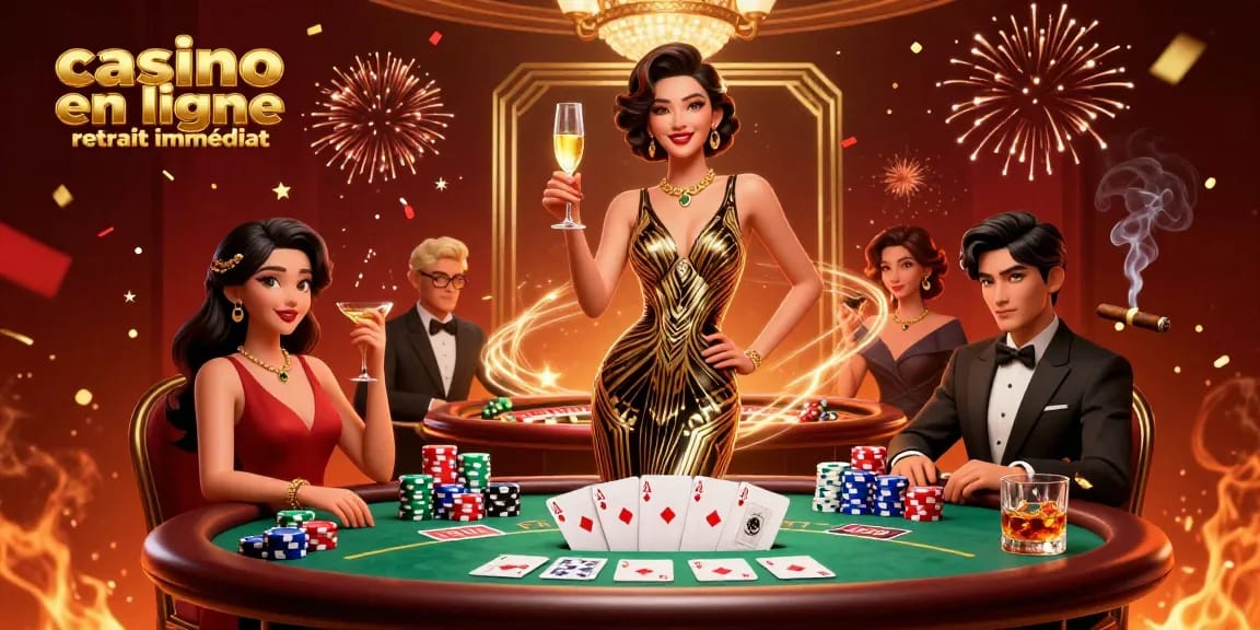 Vivez l'excitation du casino en ligne retrait immédiat avec cette scène de jeu élégante alliant luxe et stratégie.