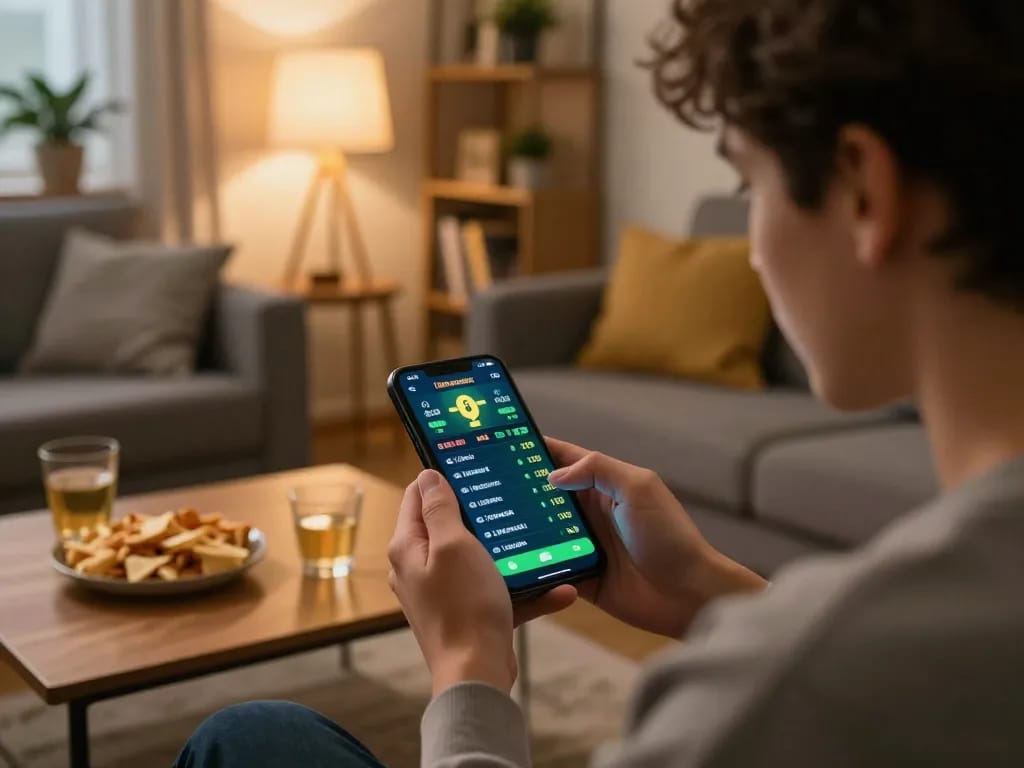 Fun88 user engaged in live sports betting on smartphone during cozy home setting.
