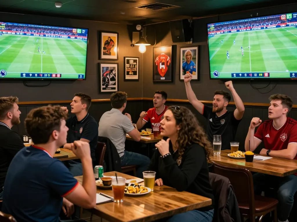 Excited fans discussing soi kèo ngoại hạng anh at a lively sports bar during a Premier League match.