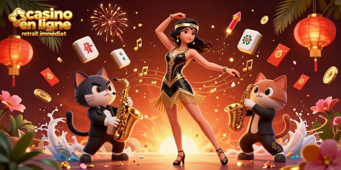Experience instant withdrawals at a vibrant casino en ligne retrait immédiat illustration full of energetic characters.