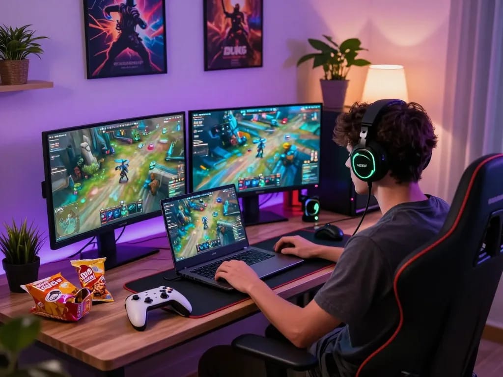 Experience web sunwin's vibrant online gaming setup with multiple screens, colorful lights, and personal touches.