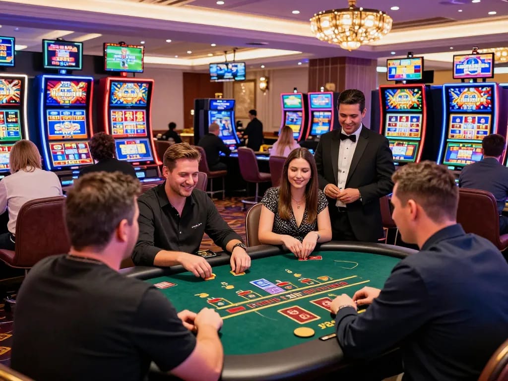 Exciting AF88 casino gaming scene with live dealers and vibrant slot machines.