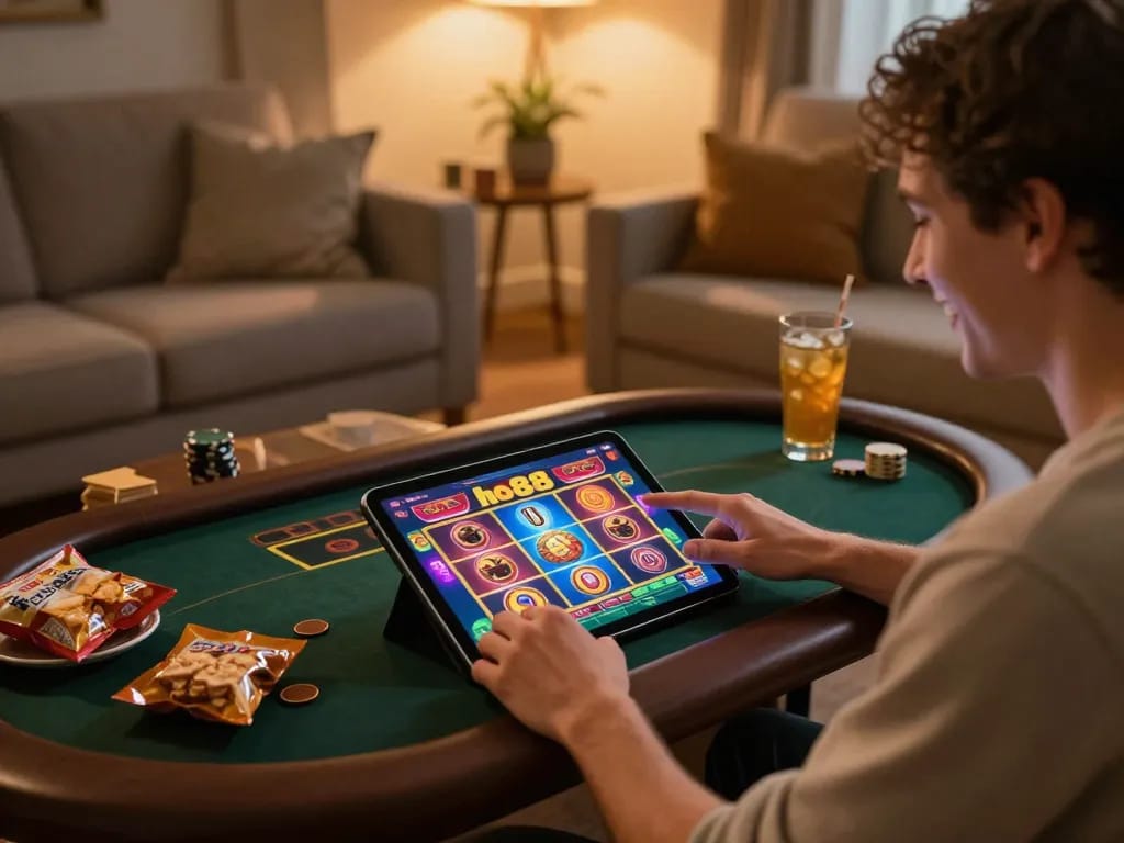 Player enjoying the ho88 online casino app on a tablet, showcasing vibrant game graphics and a cozy ambiance.