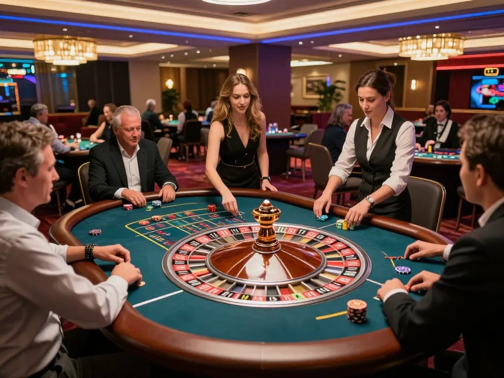 VIN88 roulette action at a luxury casino with players placing bets and vibrant lighting