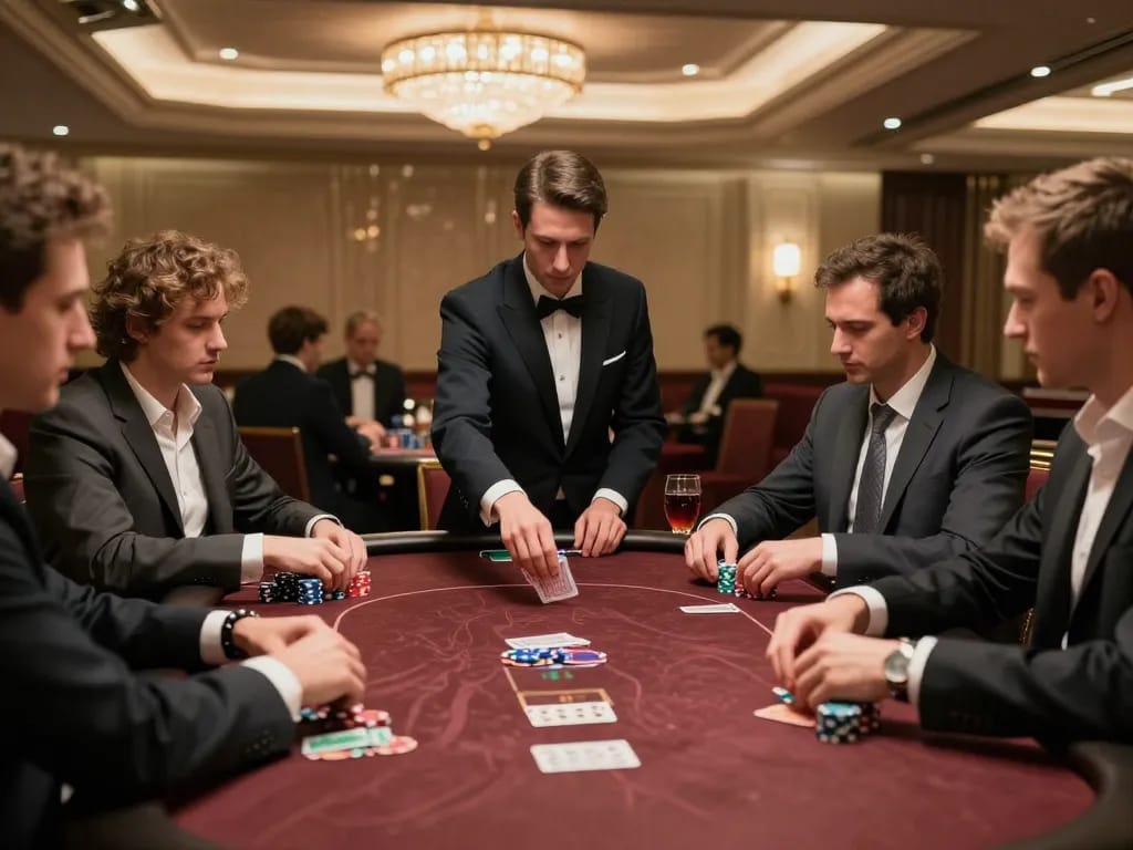 Players engaging in a high-stakes poker game at a luxurious casino fabet table with expert dealer