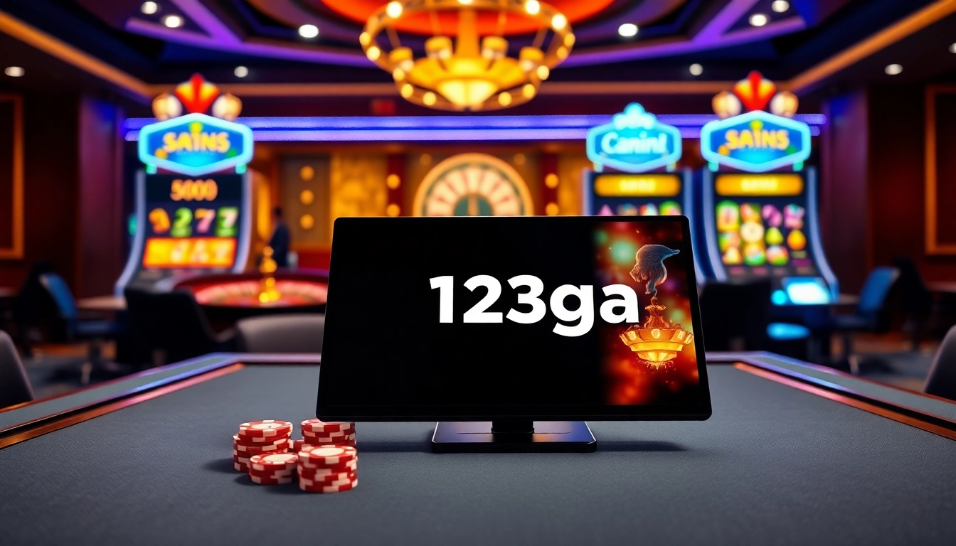 Engaging casino scene with 123ga branding featuring poker chips and roulette wheel.