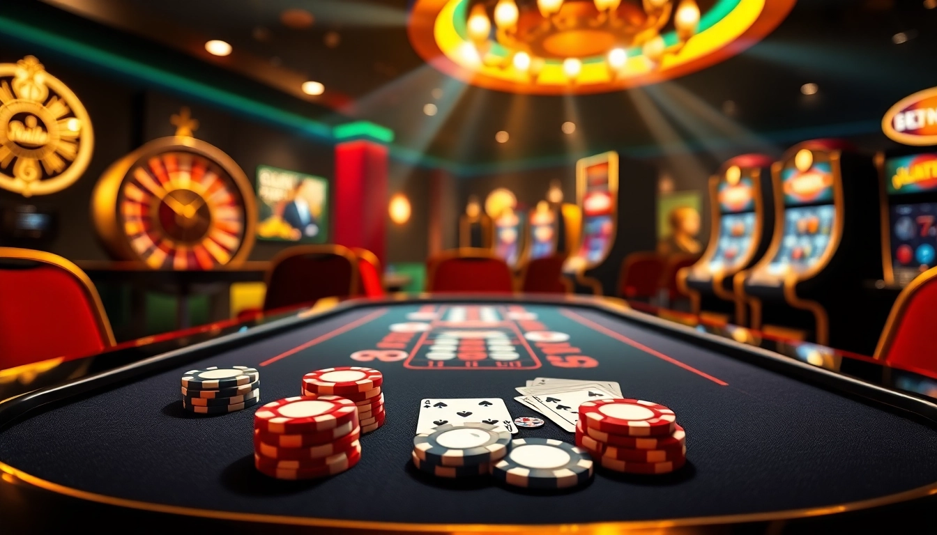 B52 Club features an exciting online gambling scene with poker chips and a roulette wheel.