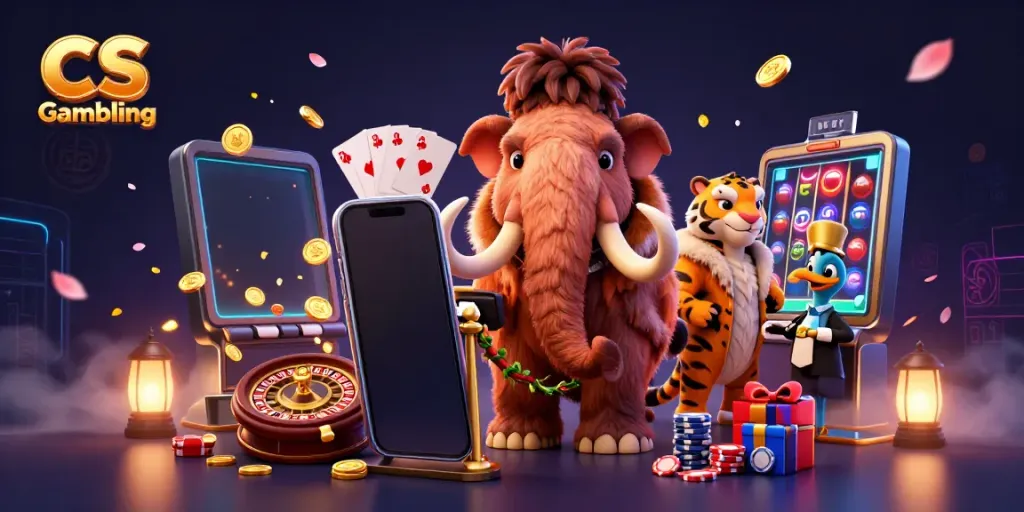 Experience thrilling CS Gambling with a vibrant scene featuring a woolly mammoth bouncer, saber-tooth tiger VIP, and dynamic gameplay elements.
