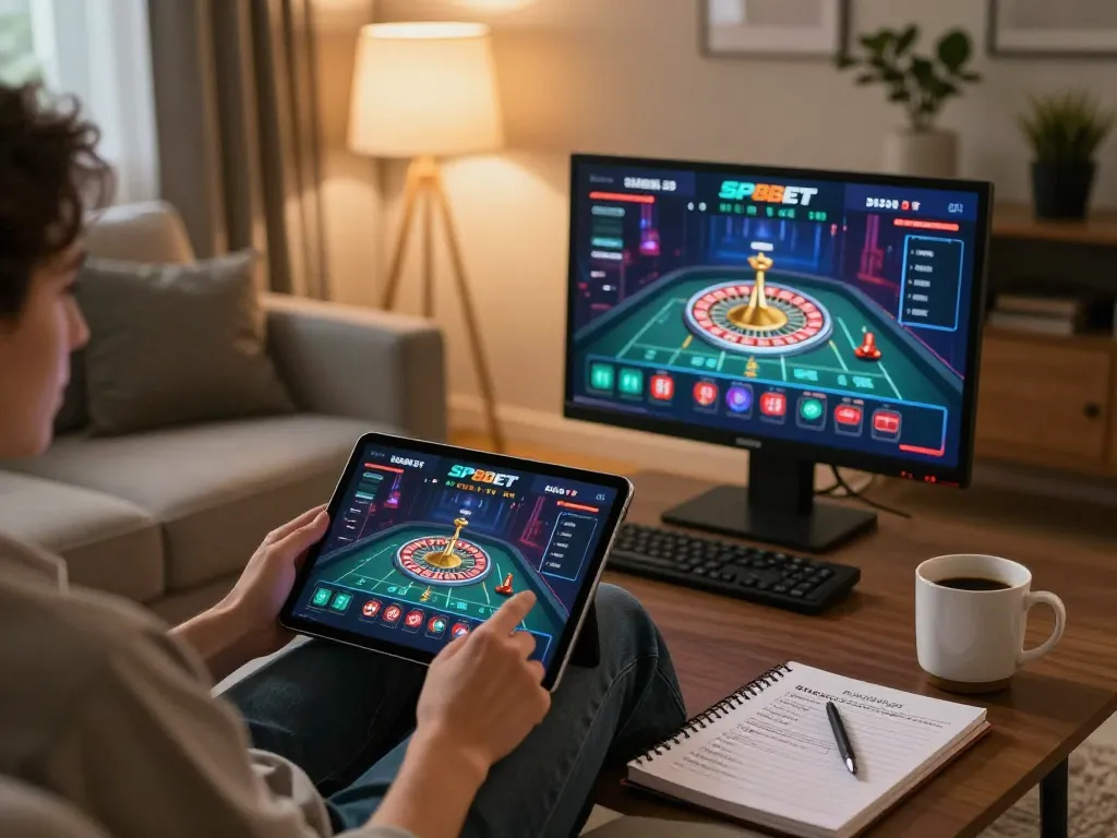 Playing SP8BET online casino game on tablet in a cozy home setting with live roulette table visible.