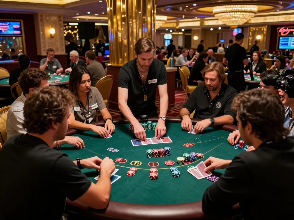 Excited players engage in a blackjack game at go88 casino, showcasing strategic gaming and vibrant atmosphere.