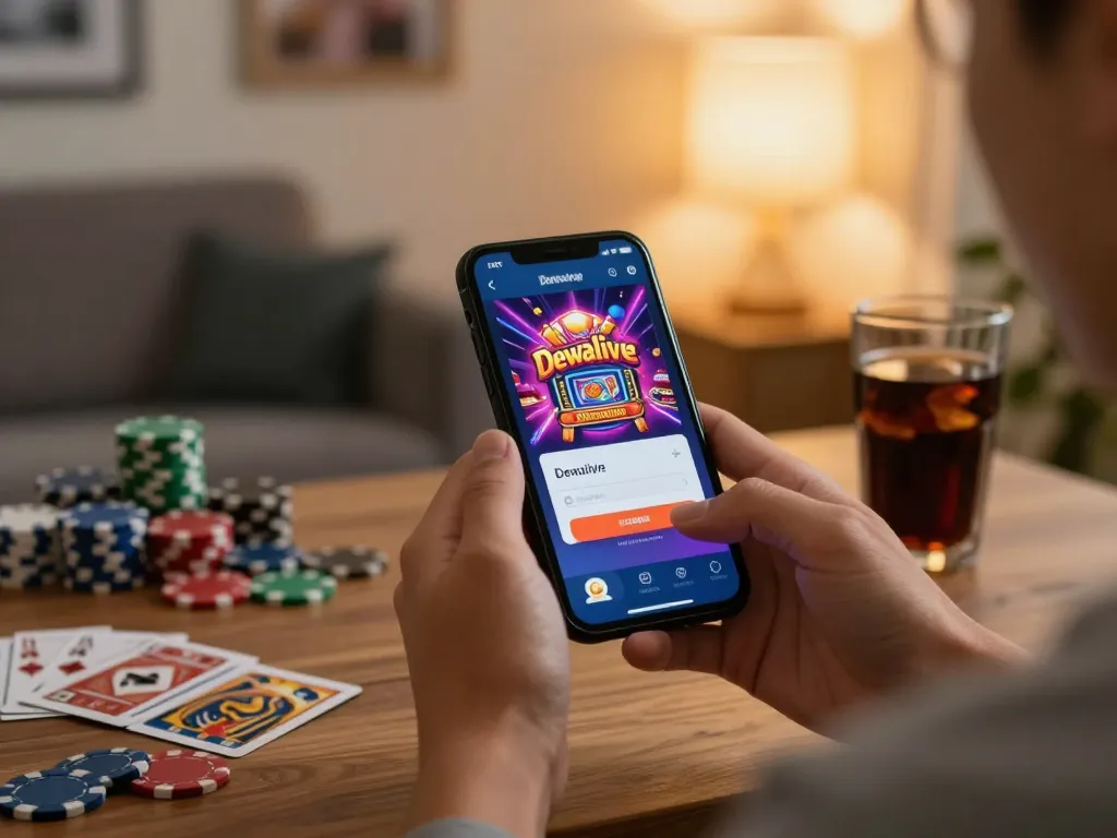 Dewalive Login screen on smartphone in a cozy home setting while gaming with poker chips.