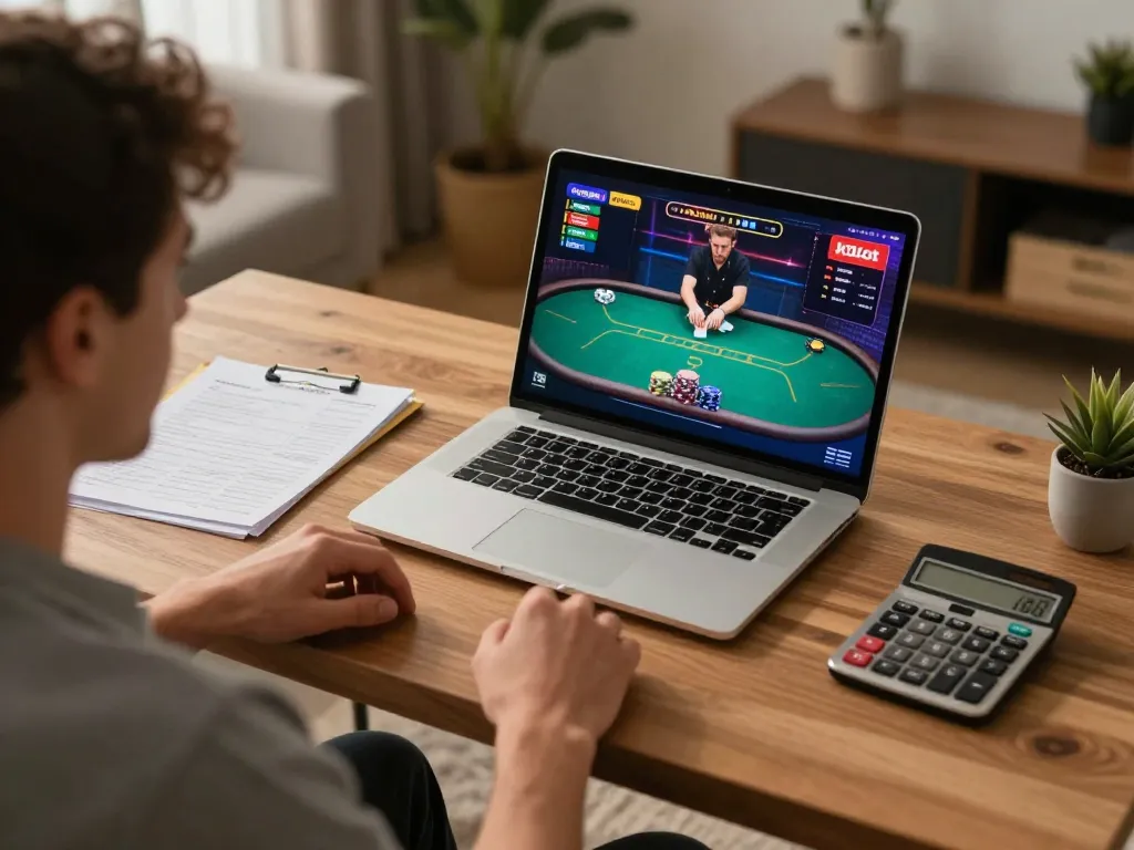Player strategizing in kdslot online poker game setup at home, focused on screen.