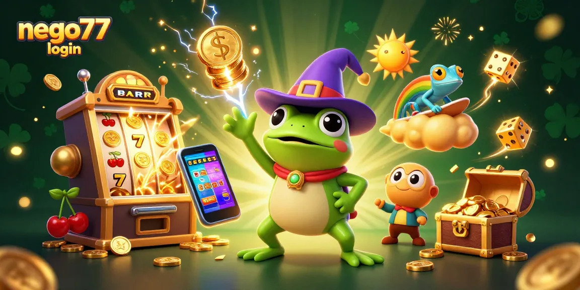 Experience seamless gaming with nego77 login in this vibrant and dynamic casino illustration featuring golden coins, slots, and cloud surfing chameleon.