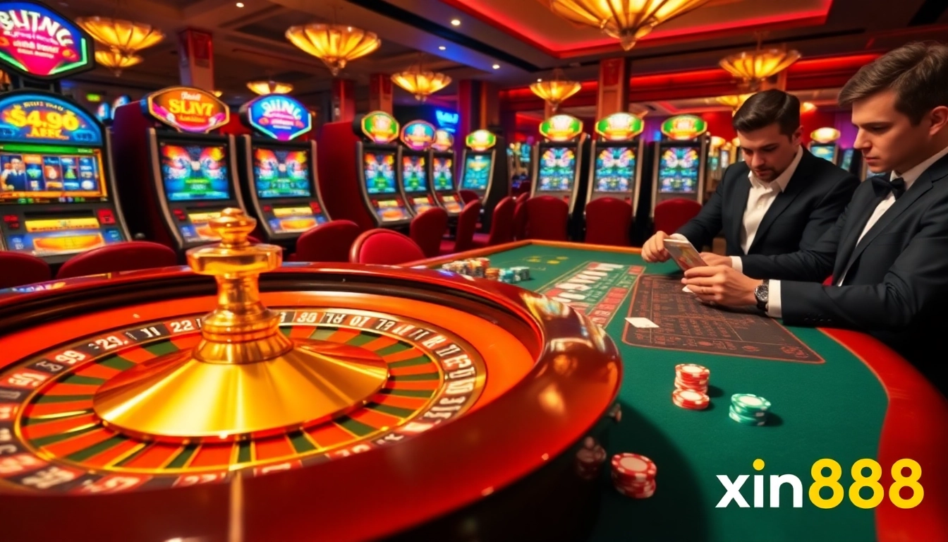 Experience thrilling casino action at xin88 with vibrant poker tables and glimmering slot machines.