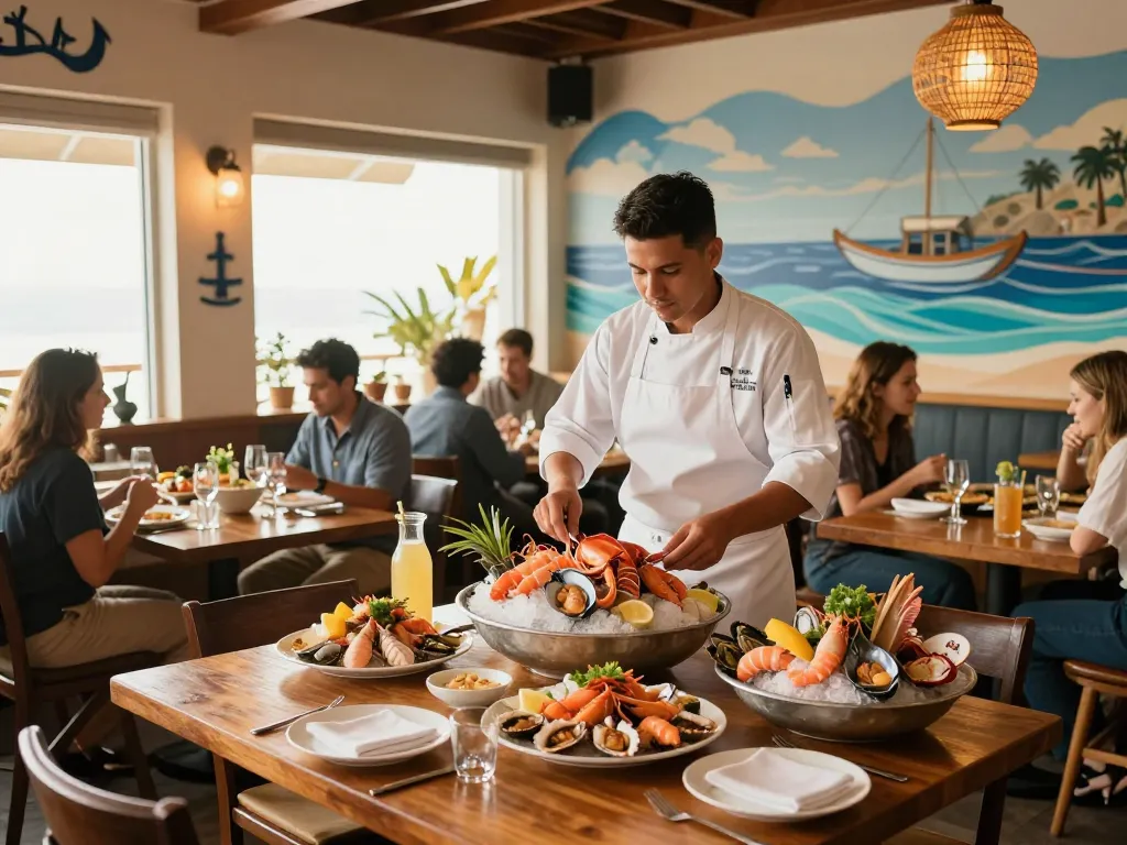 A vibrant dining scene at https://www.theshackok.com/ showcasing fresh seafood dishes and welcoming atmosphere.