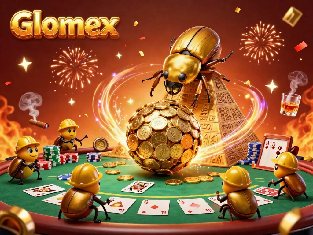 Engage in vibrant casino action with Glomex themed 3D illustration of beetles within a festive backdrop.