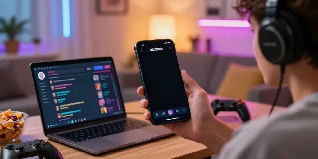 Engaged gamer using ORION88 mobile app in a cozy, vibrant setting.