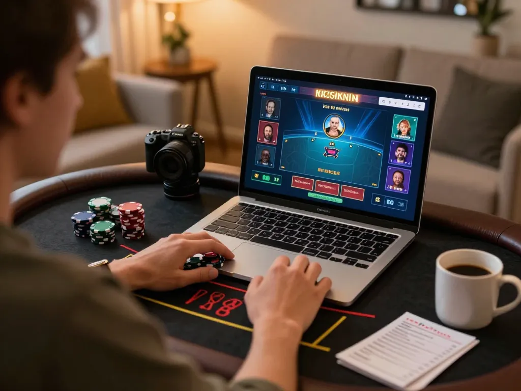 C168 user enjoying live dealer blackjack on their laptop, showcasing strategic gameplay in a cozy home setting.