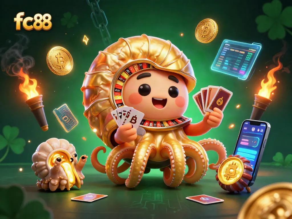 Spin the fc88 roulette wheel at a vibrant casino scene with glowing crypto coins and cards.