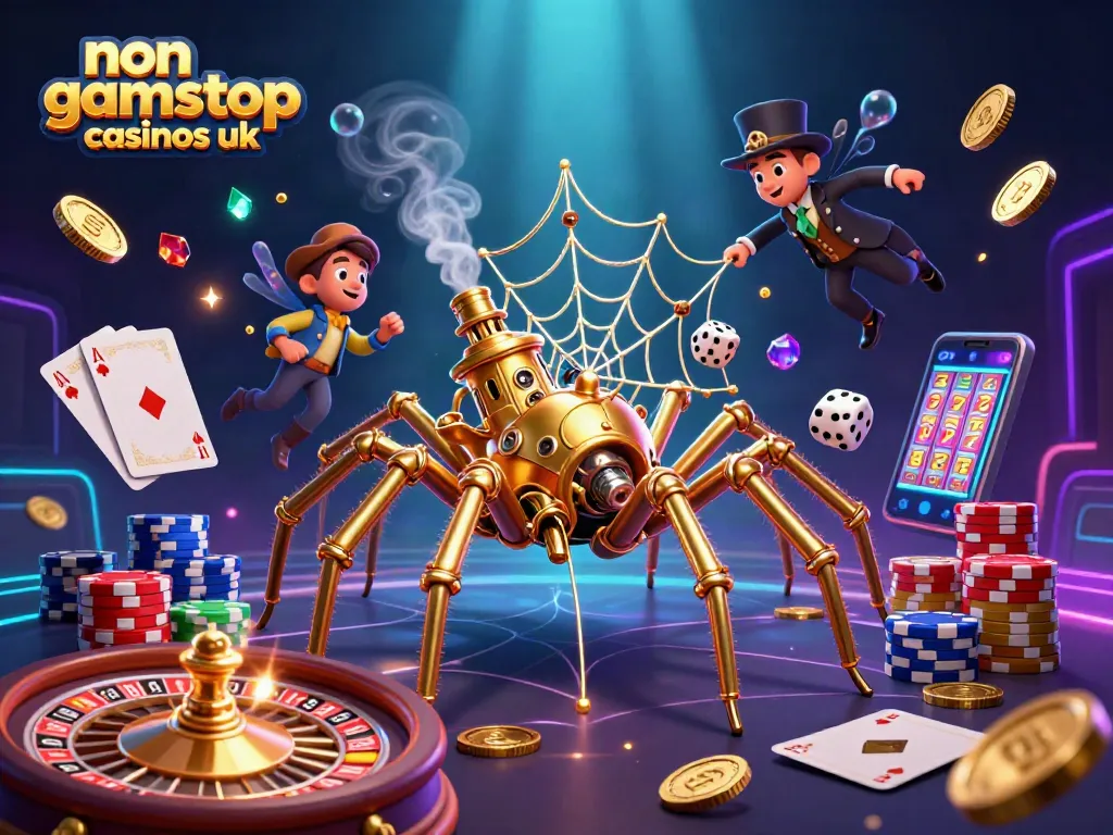 Engage with non gamstop casinos uk through this vibrant cartoon scene, featuring a golden spider and humorous characters.