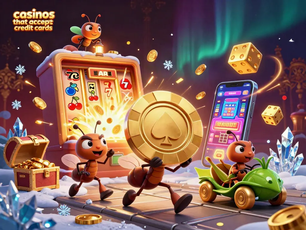 Ants carrying a giant poker chip in a dynamic casino scene showcasing casinos that accept credit cards.