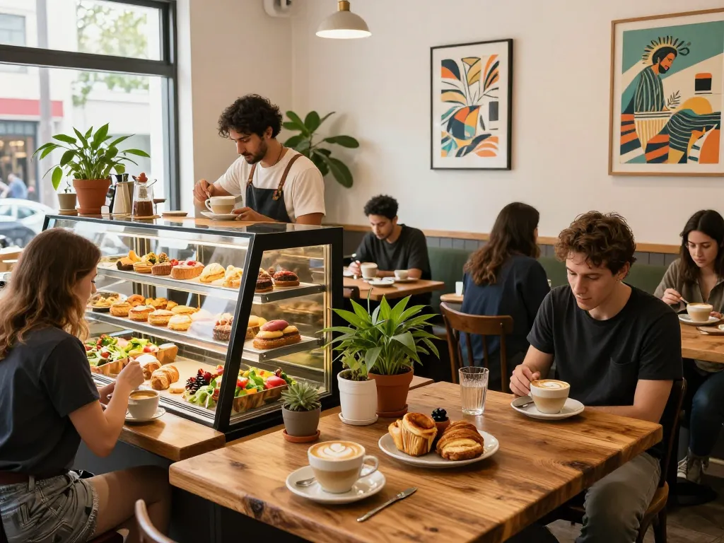 Customers enjoying the lively atmosphere at foya888 café, showcasing specialty drinks and treats.