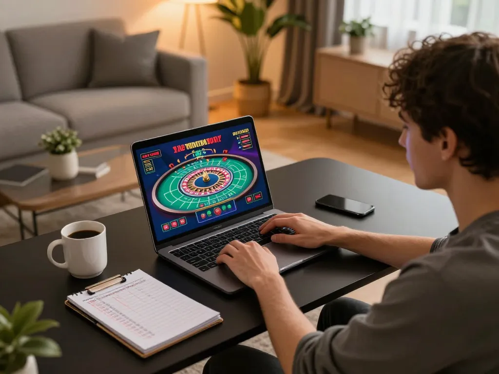 Player engaging in live casino gameplay on JUN88 platform from home, showcasing focus and excitement