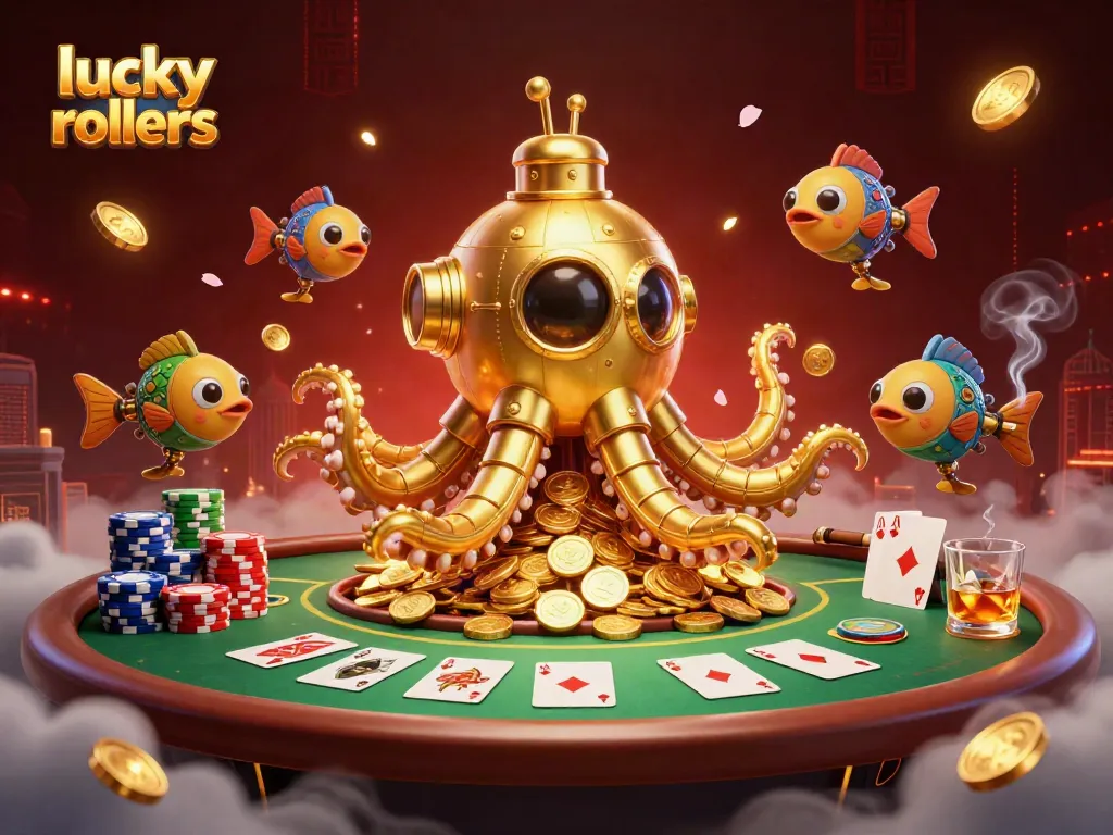 Experience the thrill at lucky rollers with a vibrant casino scene and golden kraken submarine.