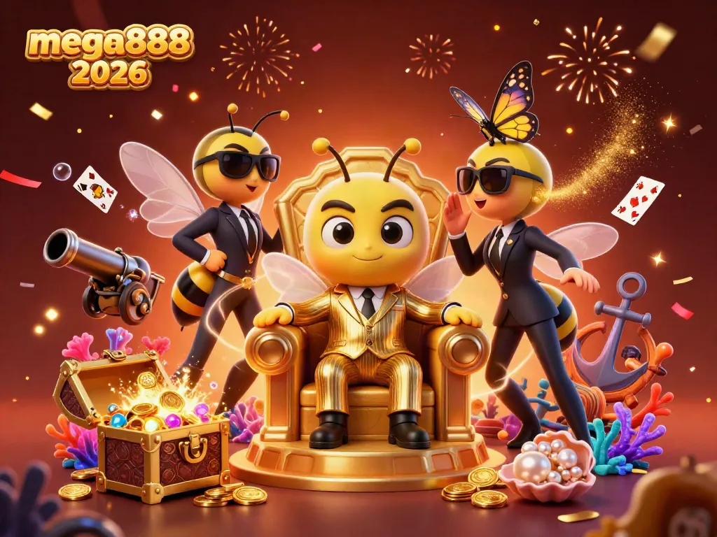 Experience thrilling mega888 2026 action with a dynamic cartoon casino scene filled with gold and games.