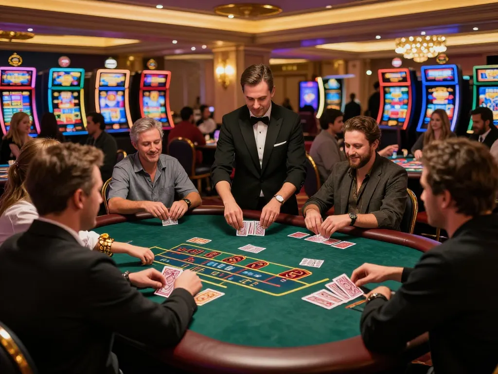 Players at MM88 casino enthusiastically placing bets while a dealer shuffles cards amidst vibrant gaming atmosphere.