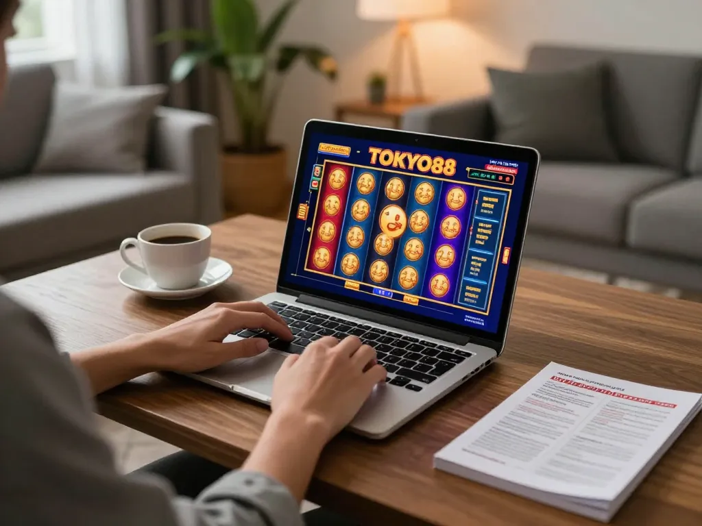 Pemain TOKYO88 terlibat dengan permainan slot yang menarik di laptop dalam suasana rumah yang nyaman.