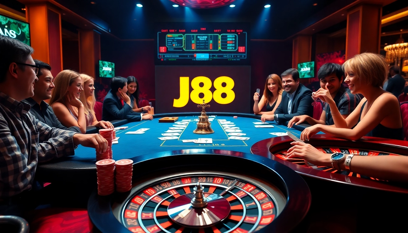 Engage in thrilling gaming action at https://j88.gives/, featuring poker chips and a roulette wheel.