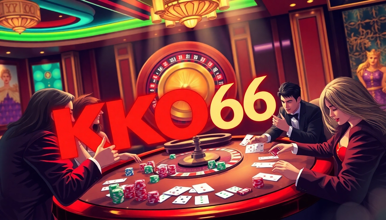 Các người chơi hào hứng tại bàn casino KO66 thưởng thức những trận đấu có cược cao với chip poker và bài.