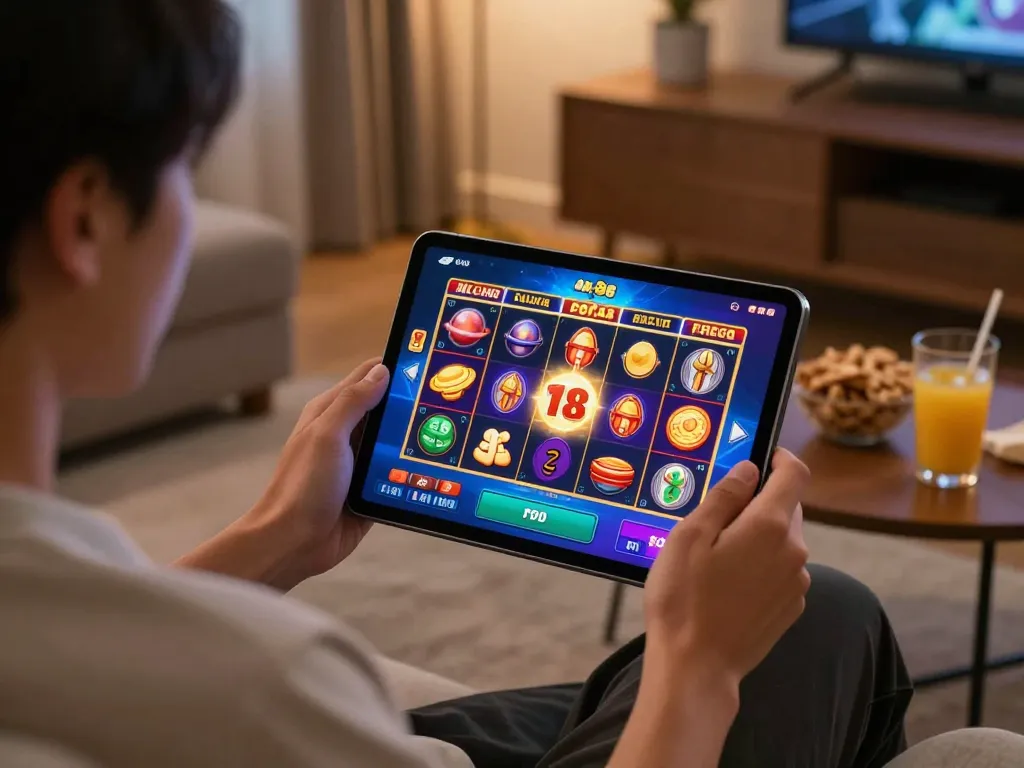 Engaging gameplay with planet88 slot on tablet in a cozy lounge