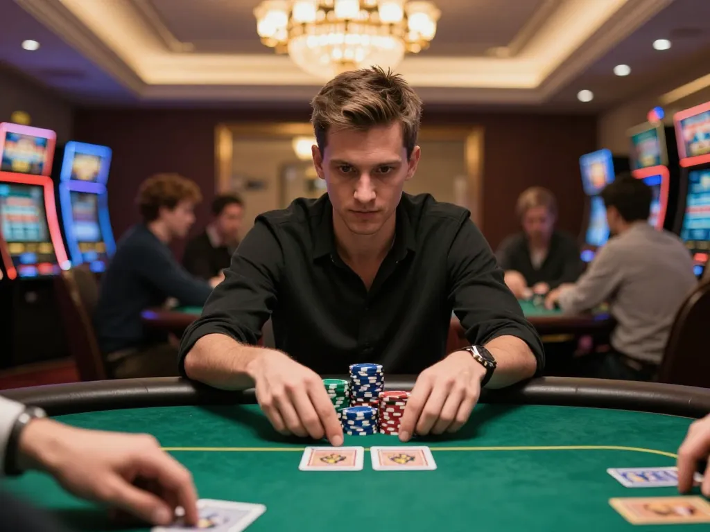 KONG88 player focused on winning hand during high-stakes poker game in luxury casino setting.